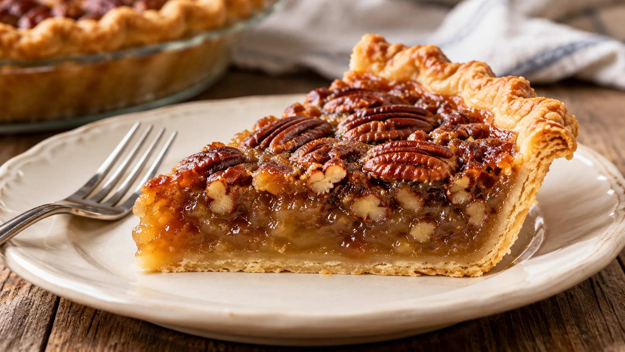 Pecan pie recipe slice showing set amber filling and flaky pastry