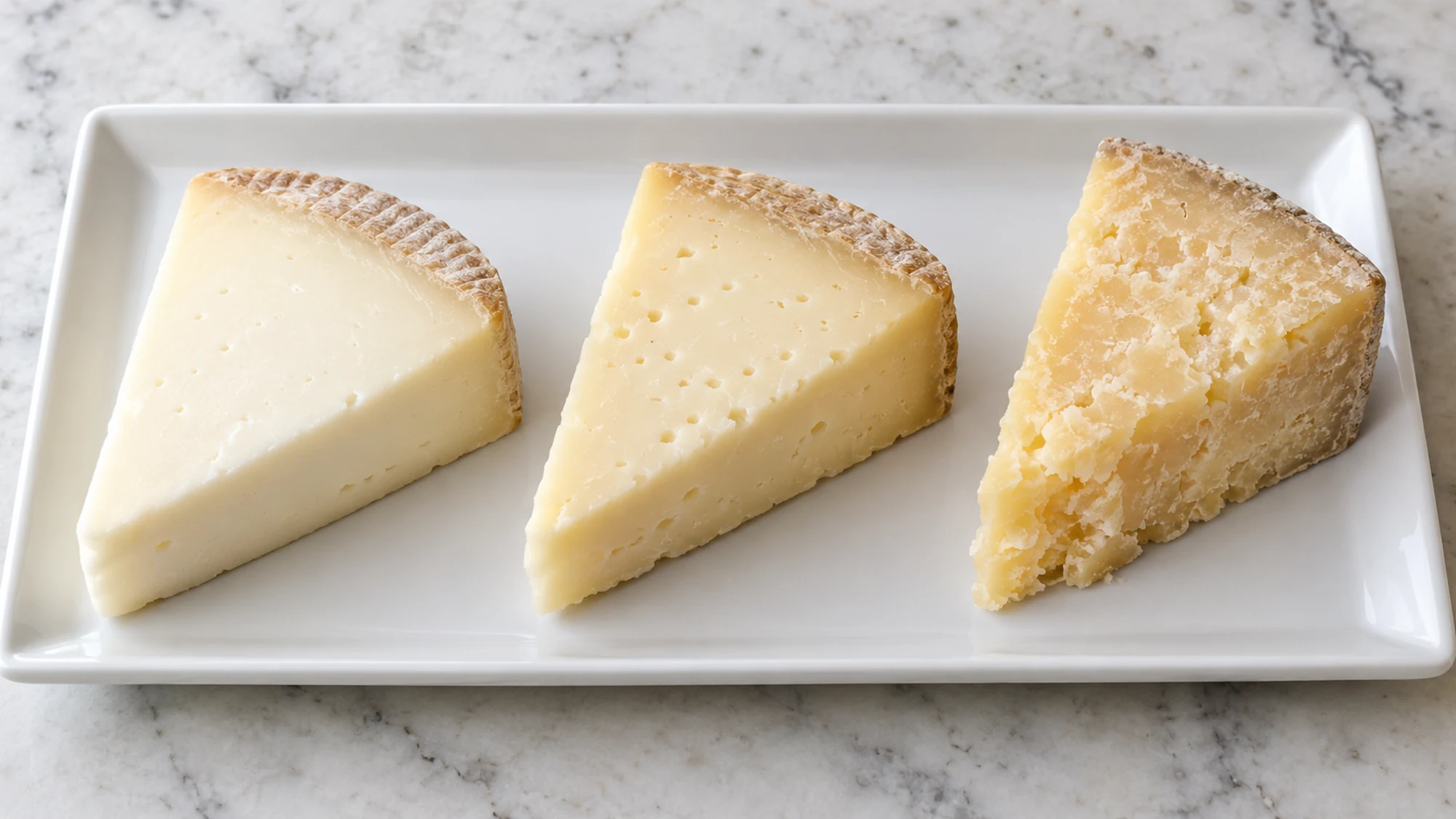 Younger, firmer and aged pecorino wedges compared on a platter