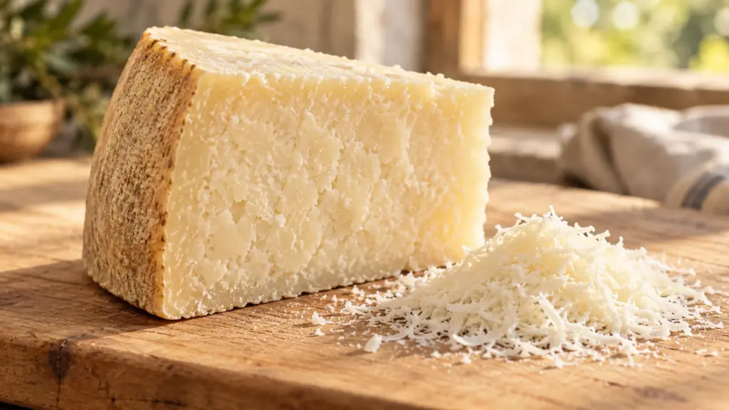 Aged pecorino wedge beside freshly grated sheep’s milk cheese