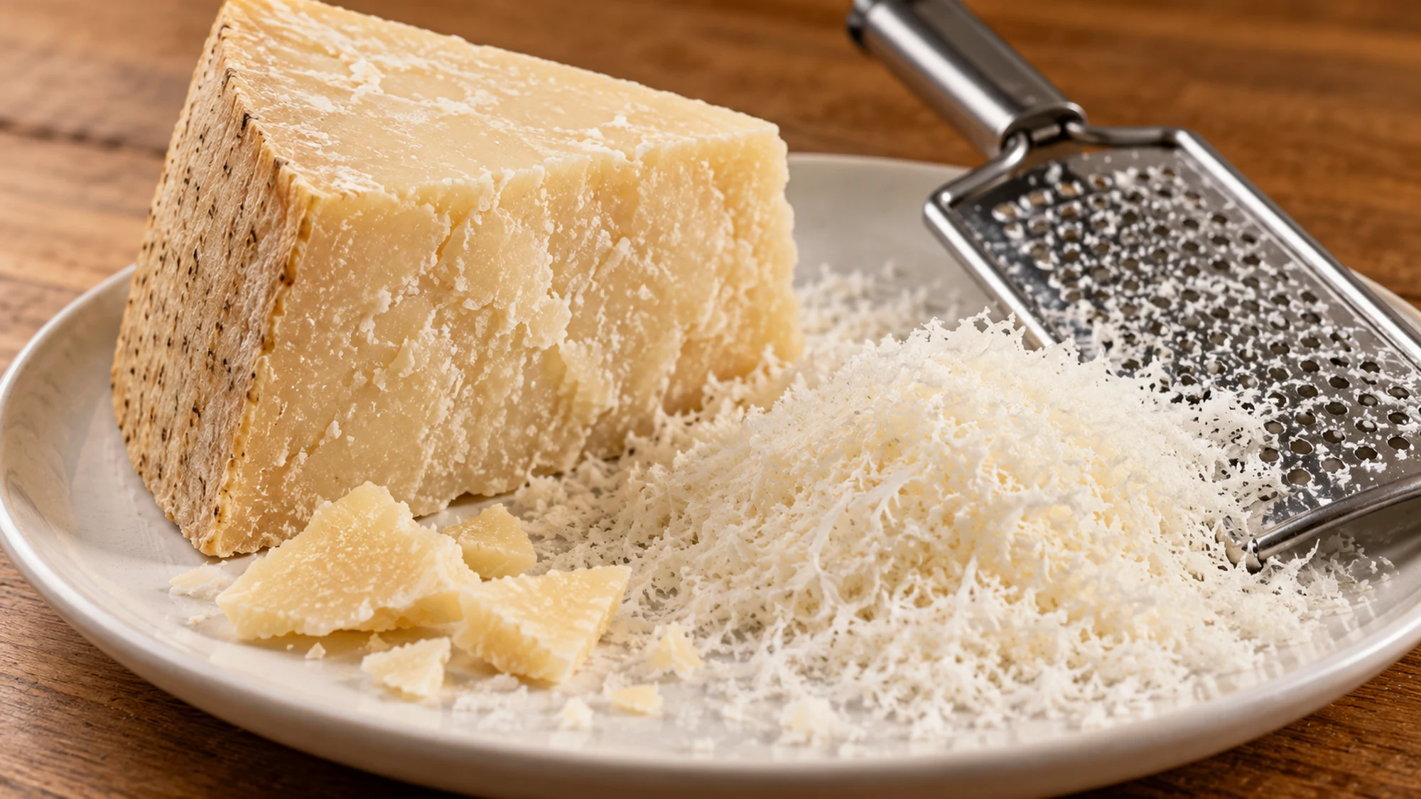 Pecorino wedge beside a fine grater and fresh cheese shavings