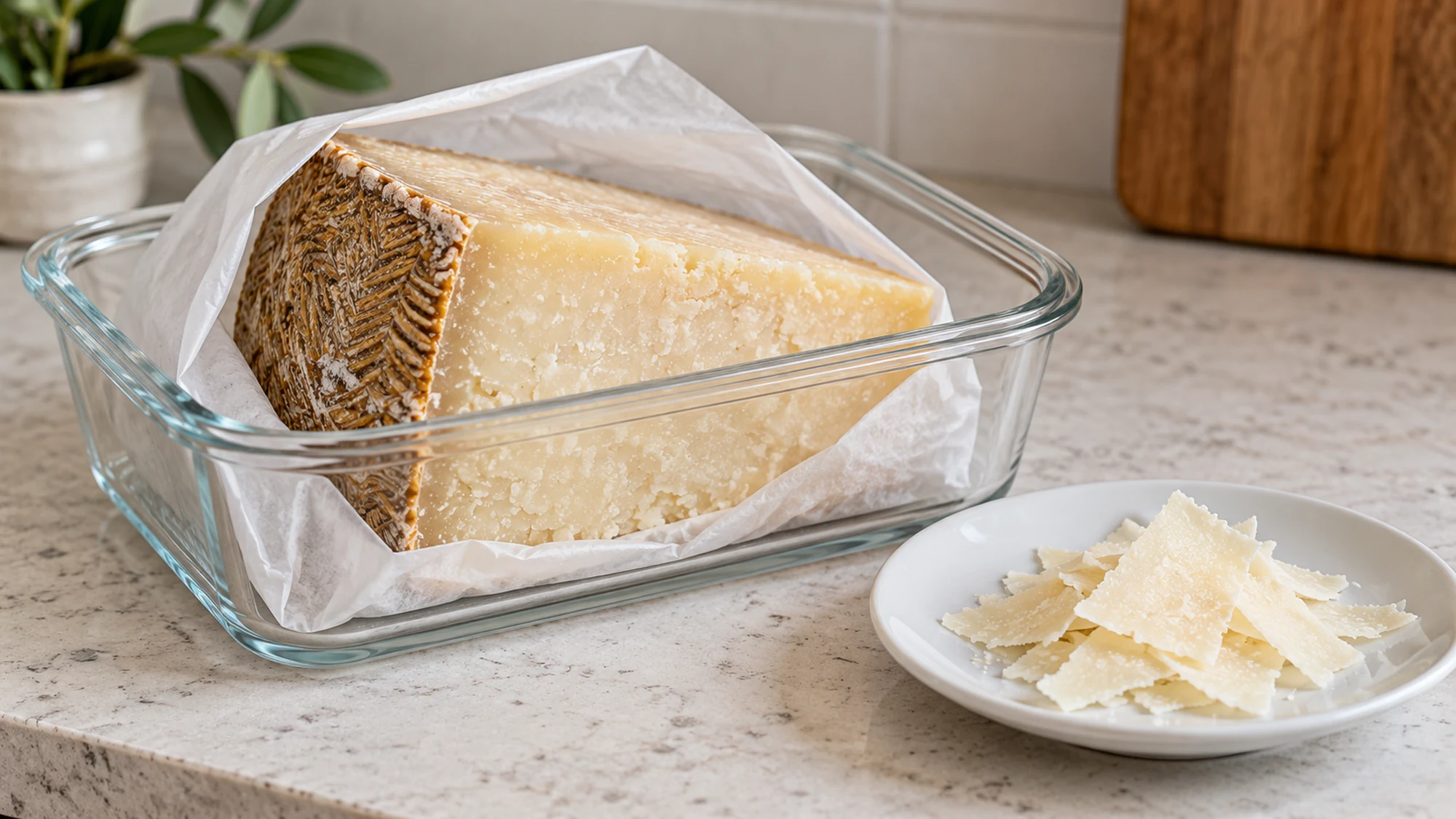Pecorino partly wrapped in cheese paper in a storage container