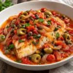 White fish fillet topped with tomatoes, green olives and capers