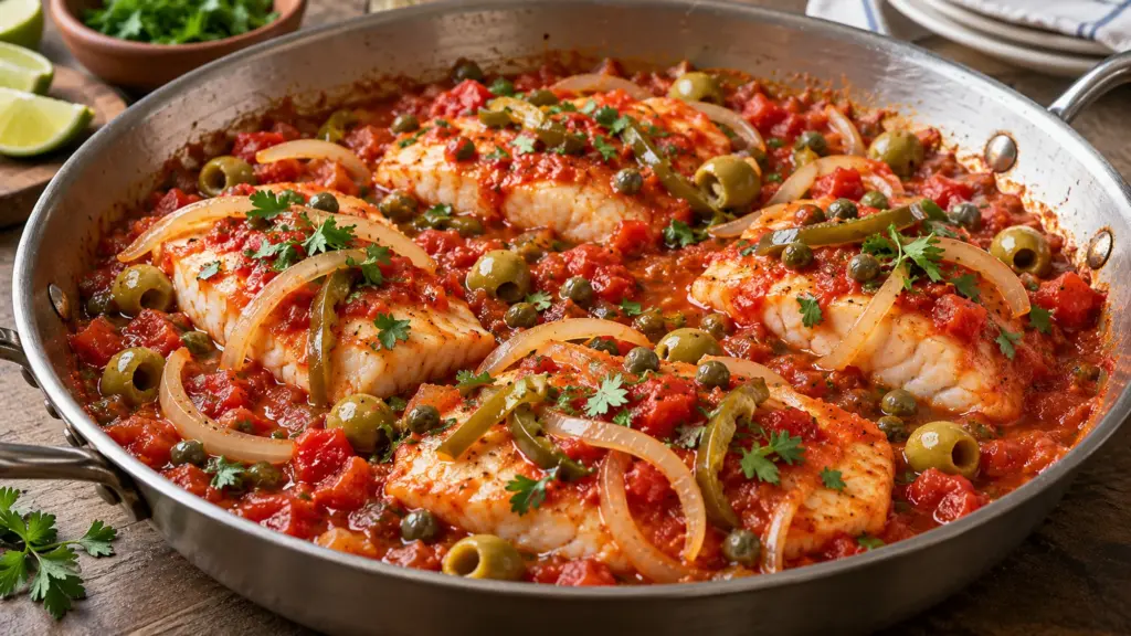 Pescado a la veracruzana fillets with tomato, olives and capers in a skillet