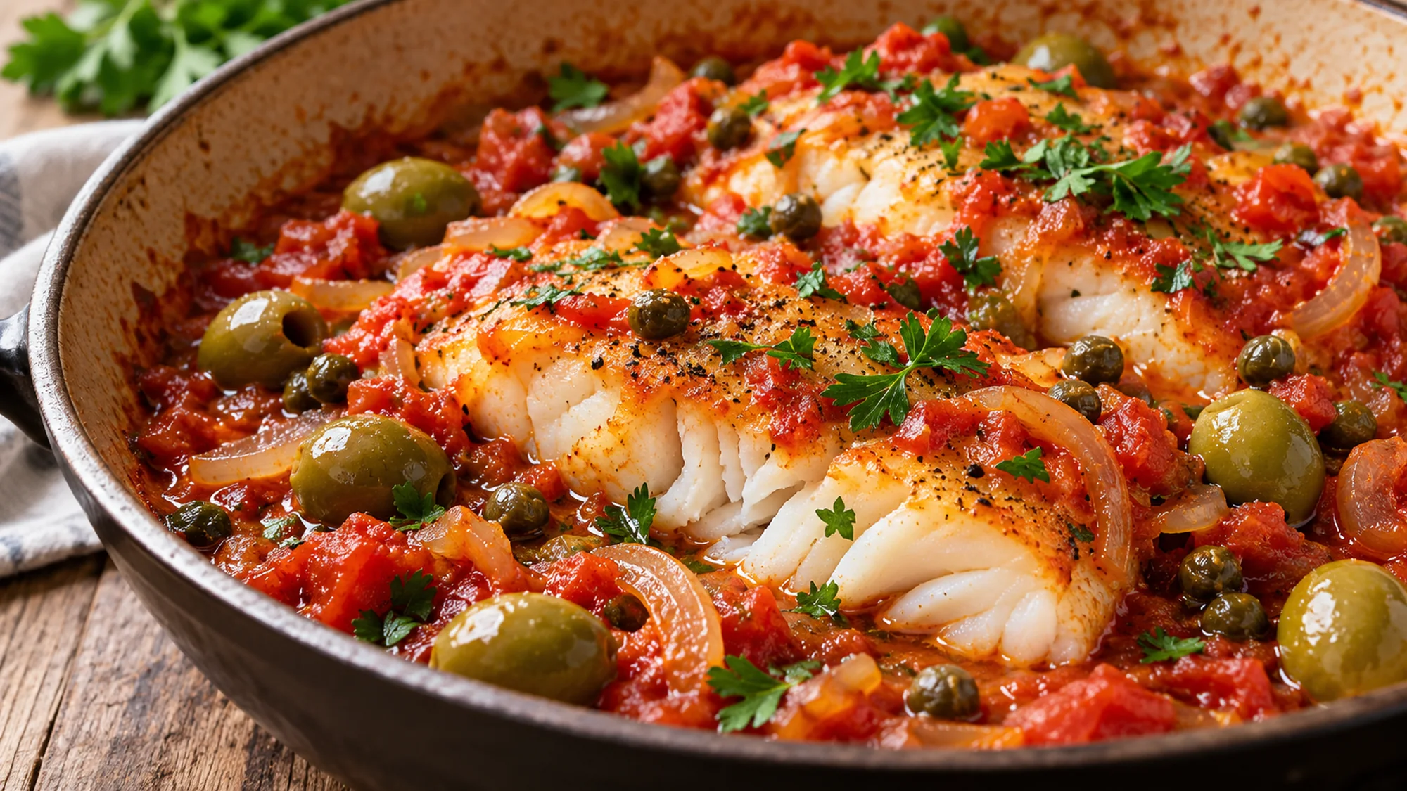Flaky white fish surrounded by chunky tomato olive sauce