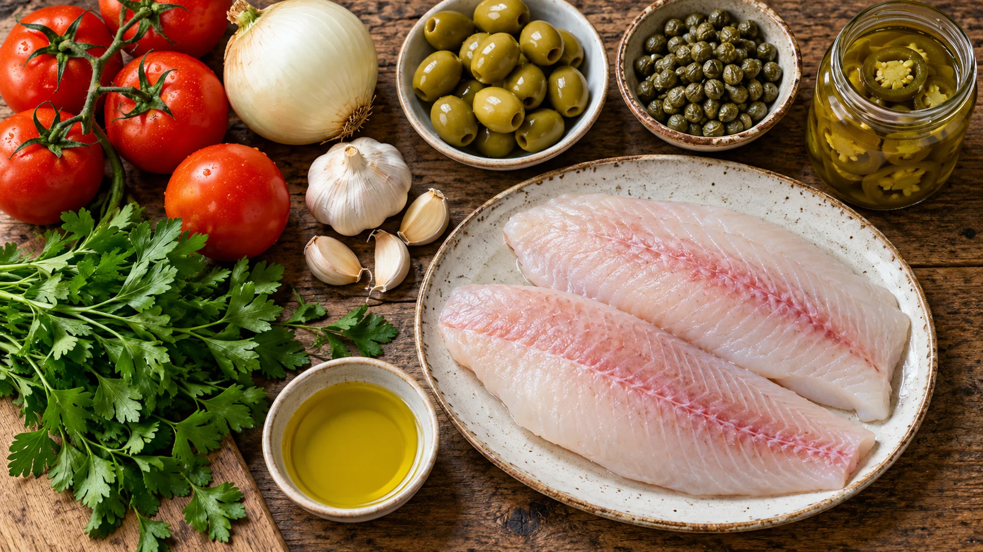 Raw fish fillets with tomatoes, onion, garlic, olives and capers