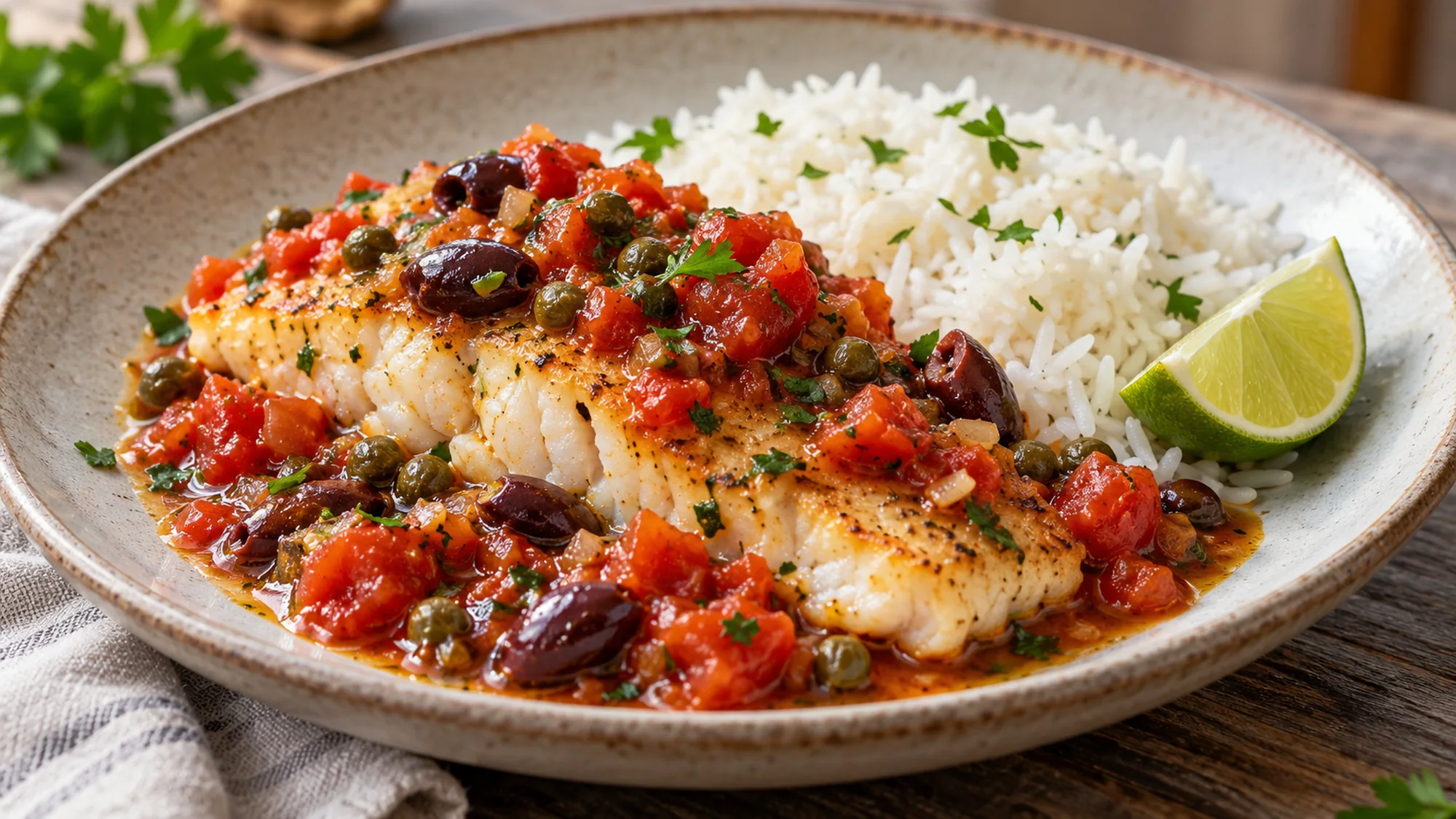 Veracruz-style fish with tomato sauce, rice and lime