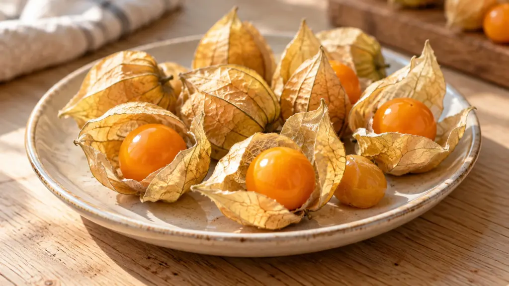 Physalis golden berries with dry tan husks opened on a ceramic plate