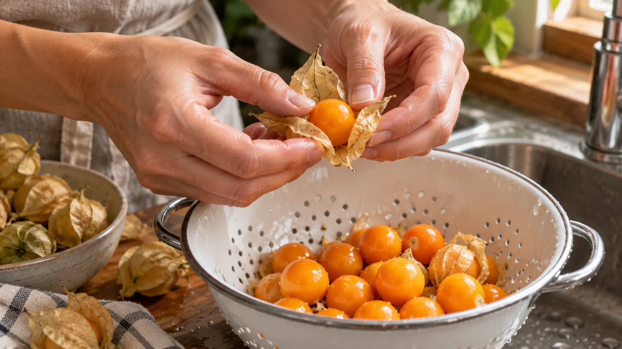 Hands peeling the papery husk from physalis golden berries above a colander