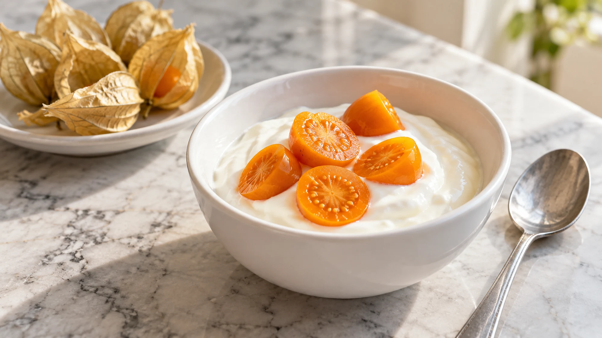 Halved physalis golden berries on plain yogurt with a spoon beside the bowl
