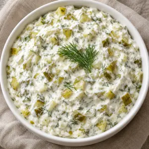 Overhead bowl of creamy pickle dip flecked with dill