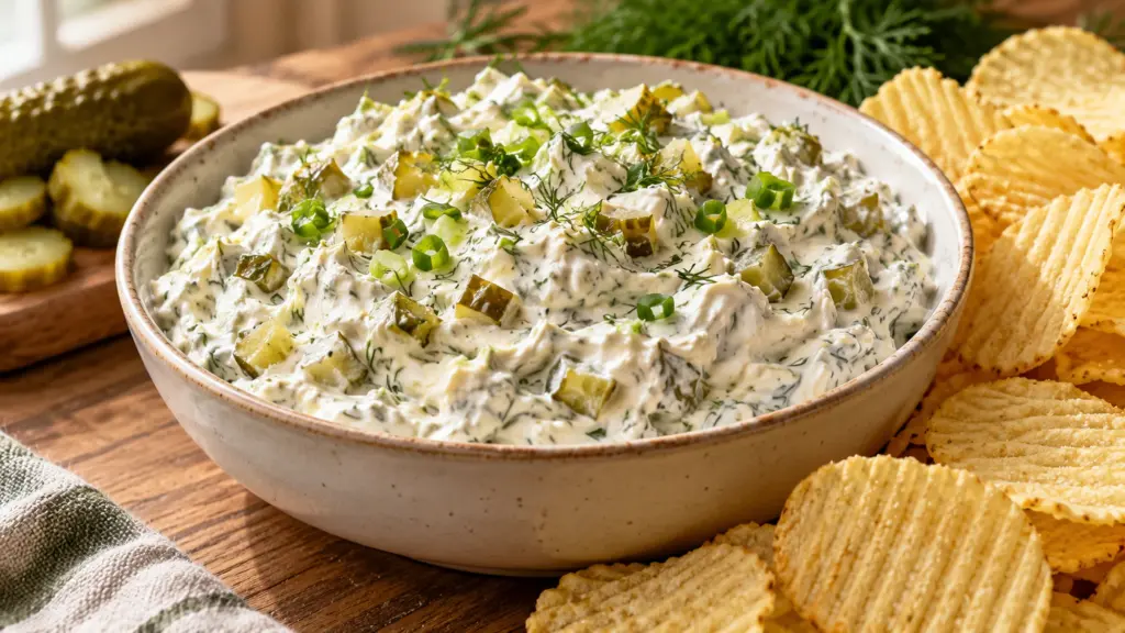 Creamy pickle dip with diced dill pickles beside ridged potato chips