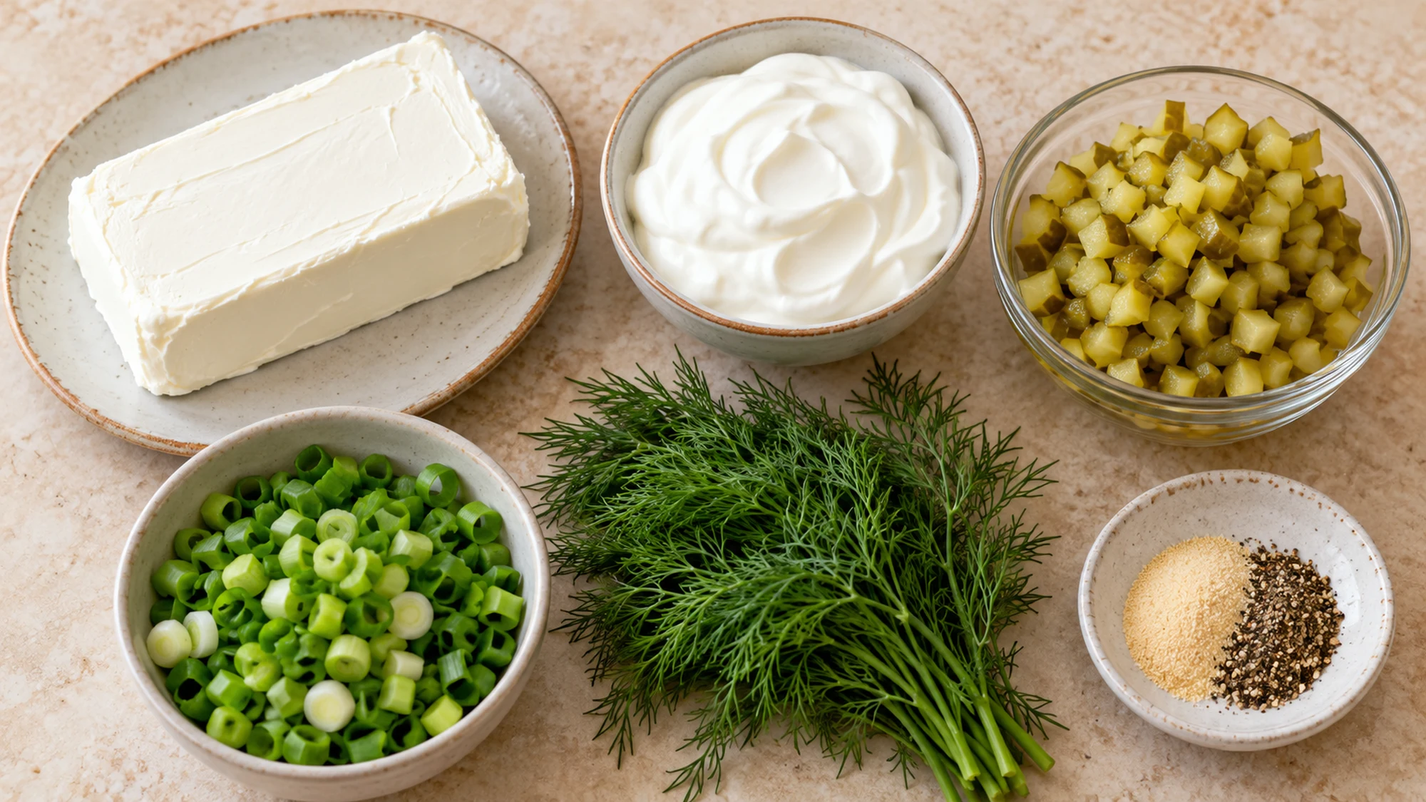 Cream cheese, sour cream, dill pickles, scallions and seasonings for pickle dip