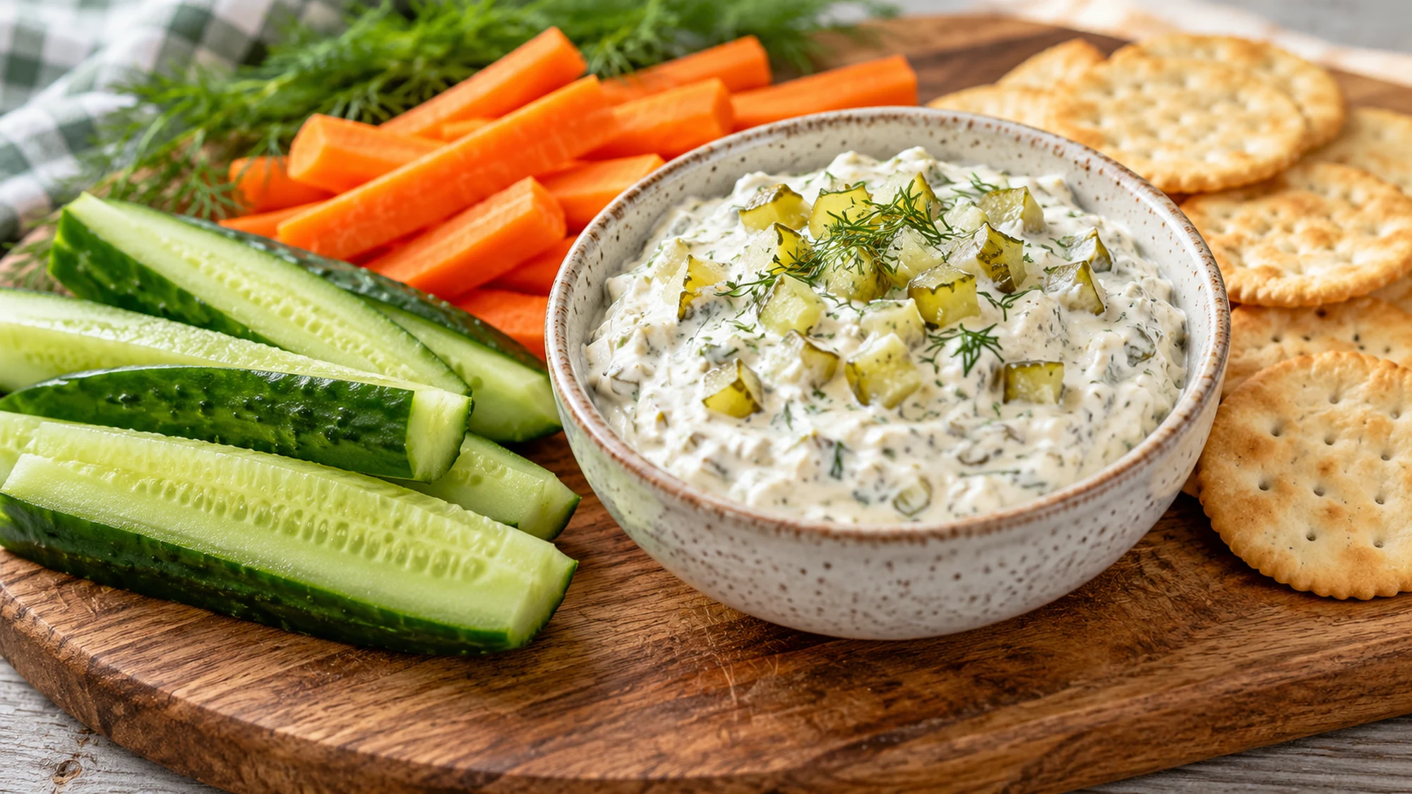 Pickle dip served with cucumber spears, carrots and crackers