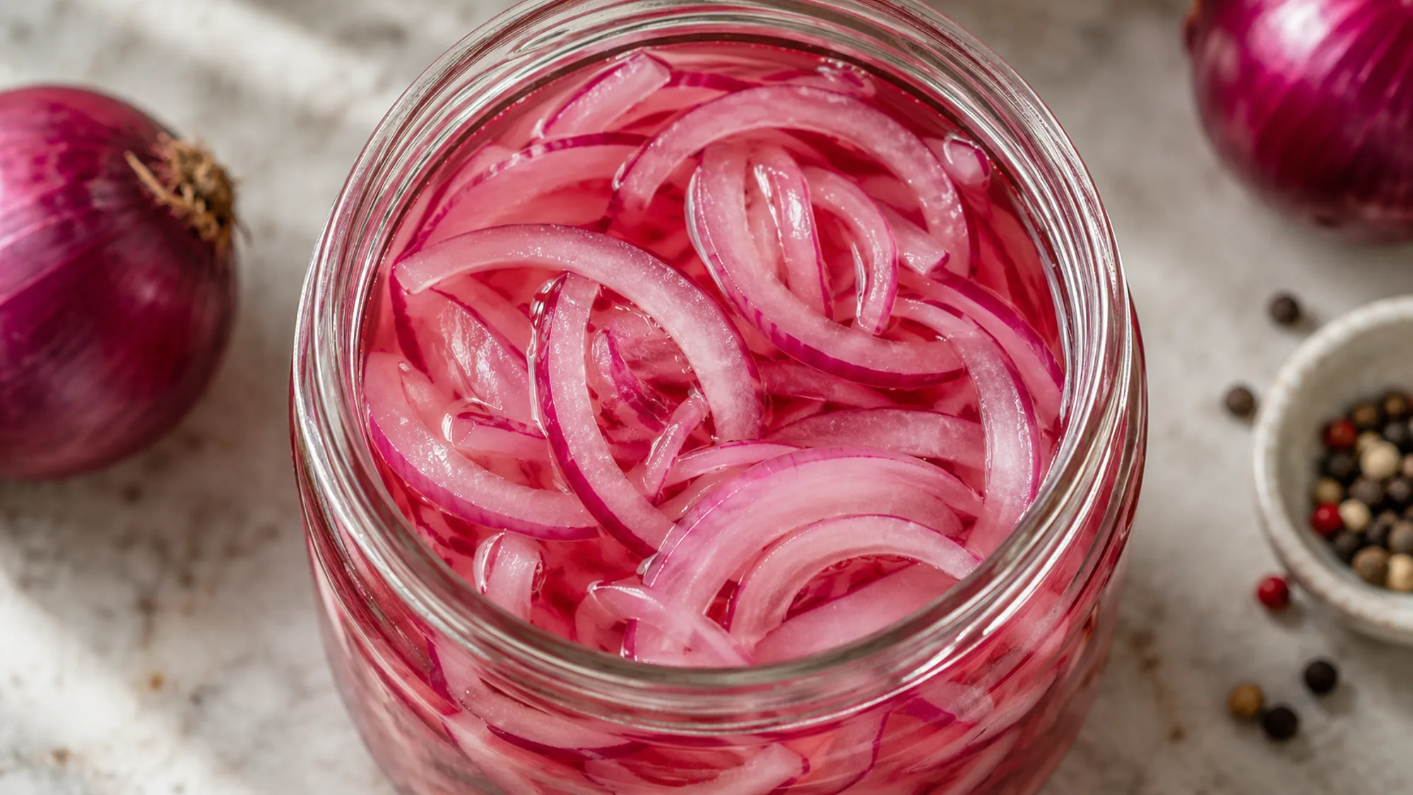 Thin pickled red onions submerged in brine