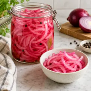 Jar and bowl of bright pink pickled red onions