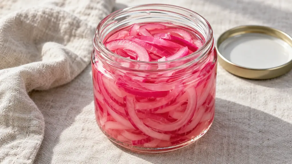 Pink pickled red onions in a clear glass jar