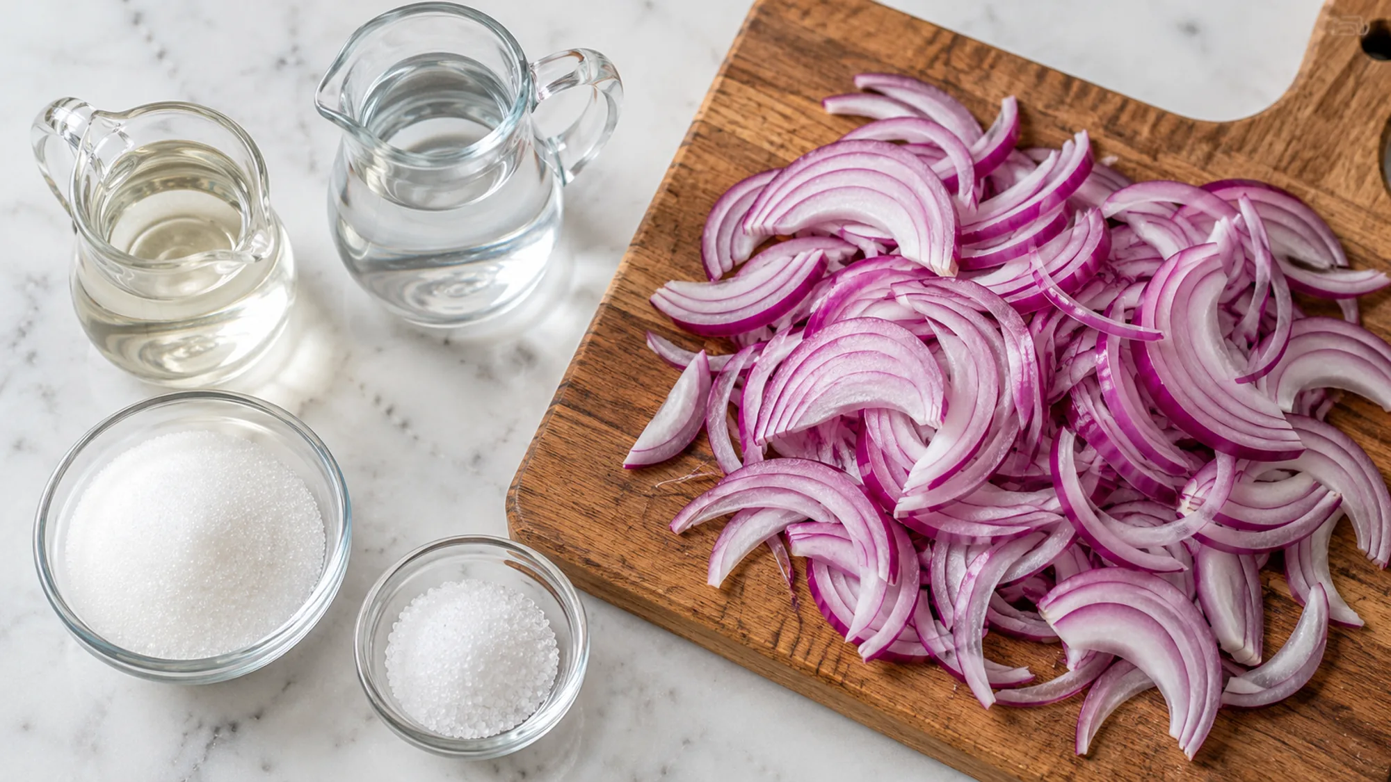 Red onion vinegar water sugar and salt for pickled red onions
