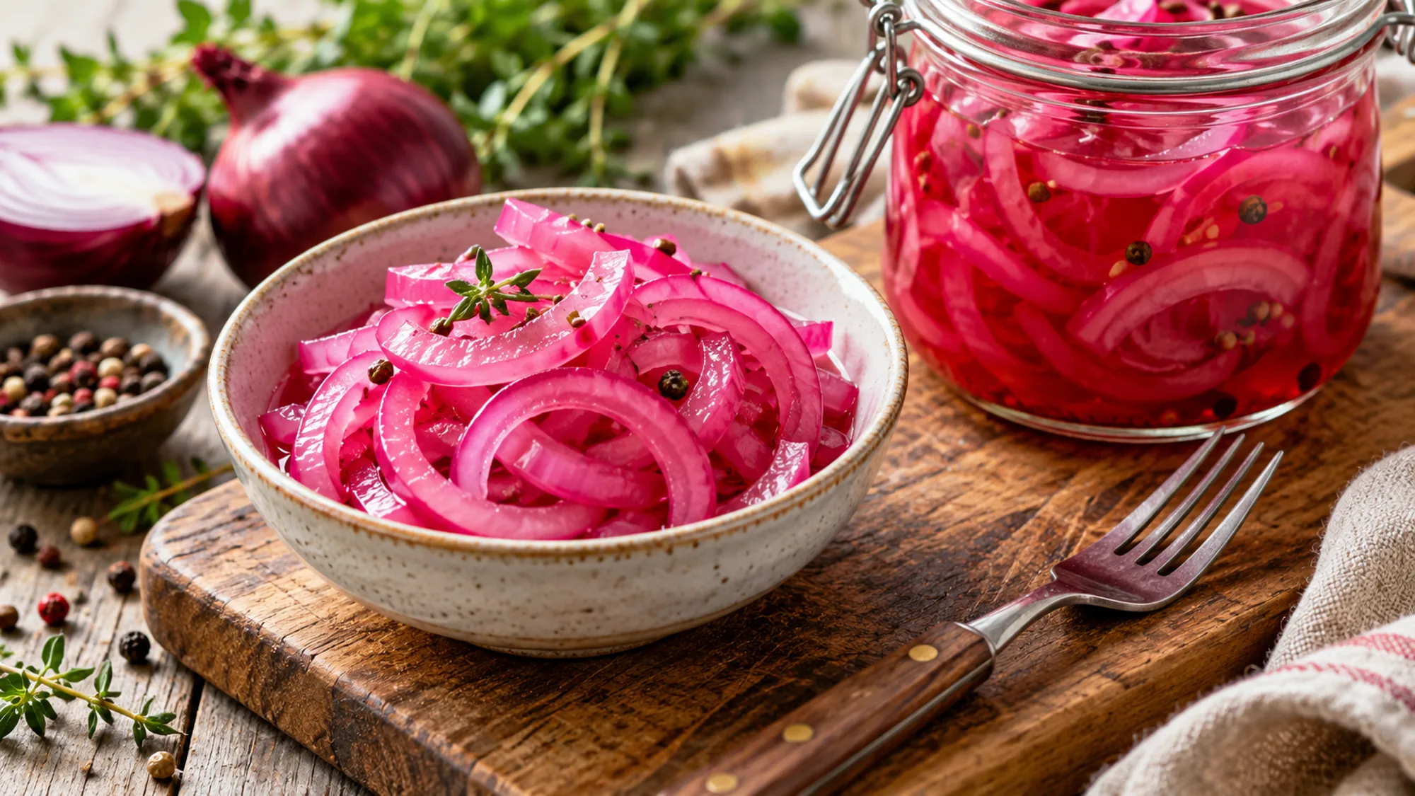 Bowl of pickled red onions beside a jar