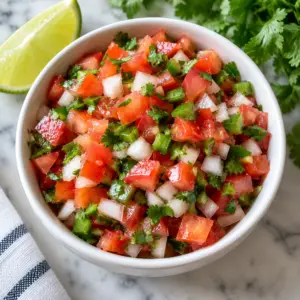 Overhead bowl of fresh pico de gallo beside lime