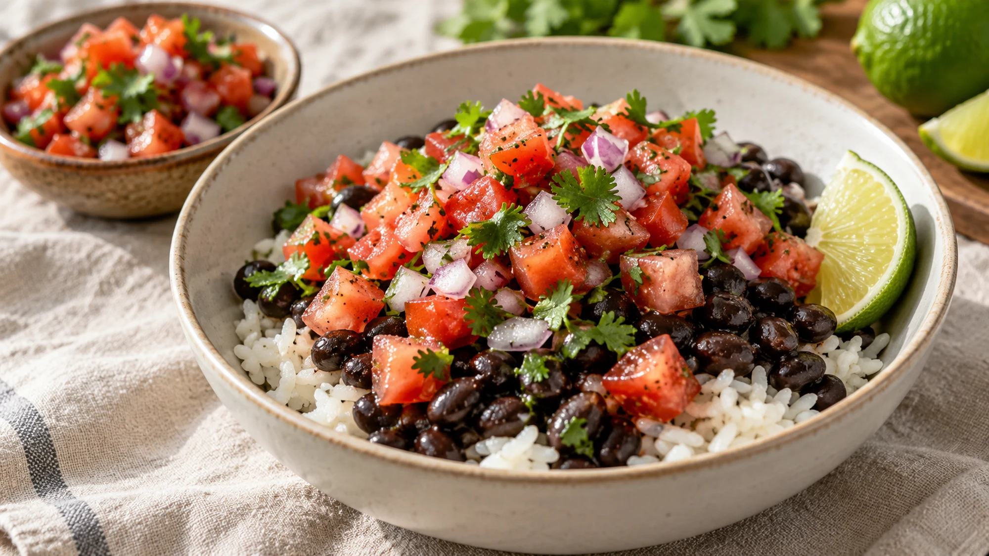Pico de gallo spooned over a black bean and rice bowl