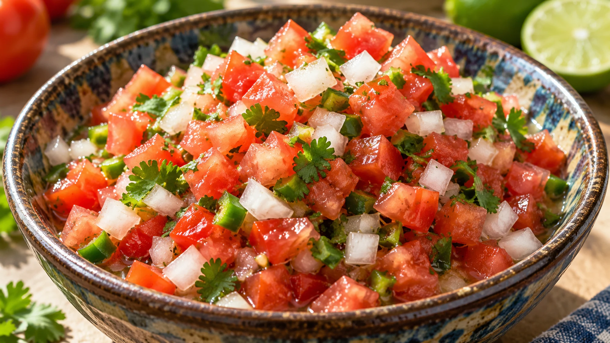 Close-up of chunky pico de gallo with lightly dressed vegetables