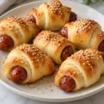 Crescent pigs in a blanket with golden sesame-topped pastry