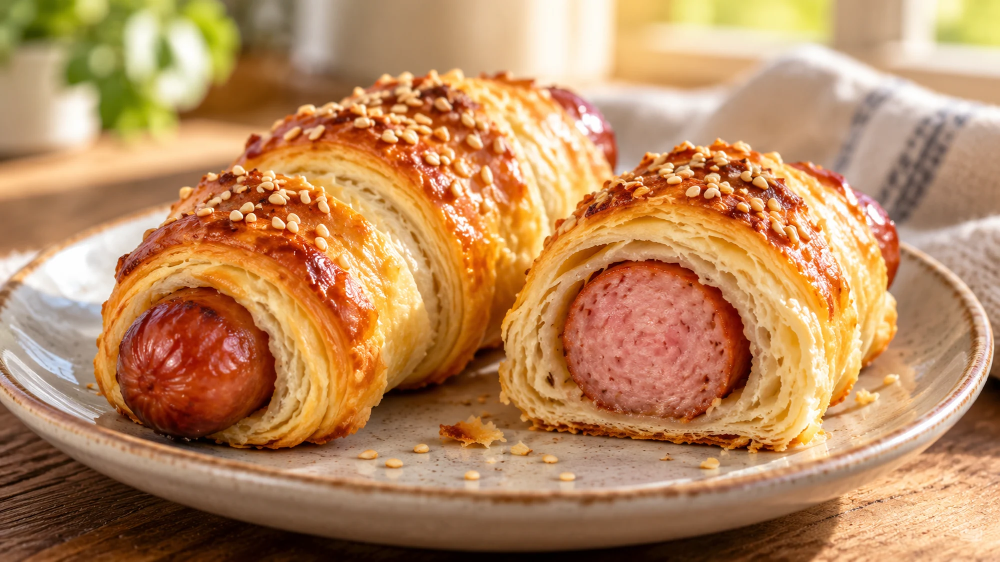 Cut crescent-wrapped cocktail sausage showing the baked pastry layers