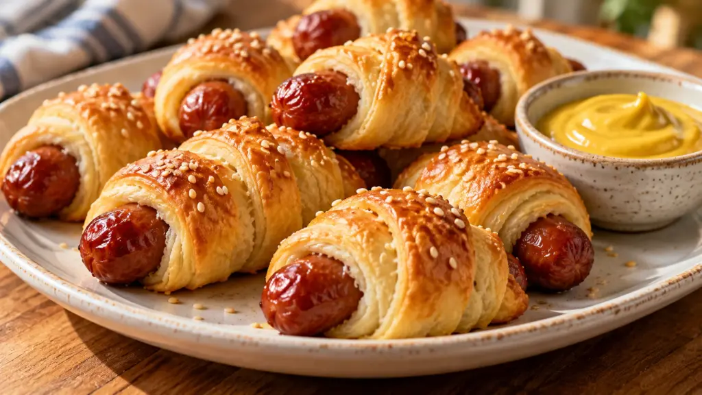 Golden pigs in a blanket with sesame seeds and mustard on the side
