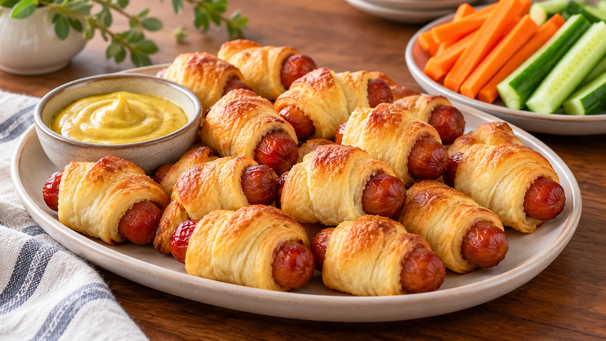 Pigs in a blanket served with mustard and fresh vegetable sticks