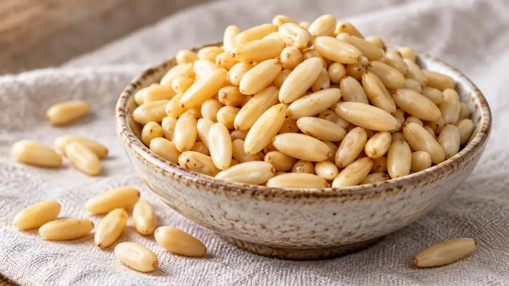 Pine kernels and pine nuts in a ceramic bowl on linen