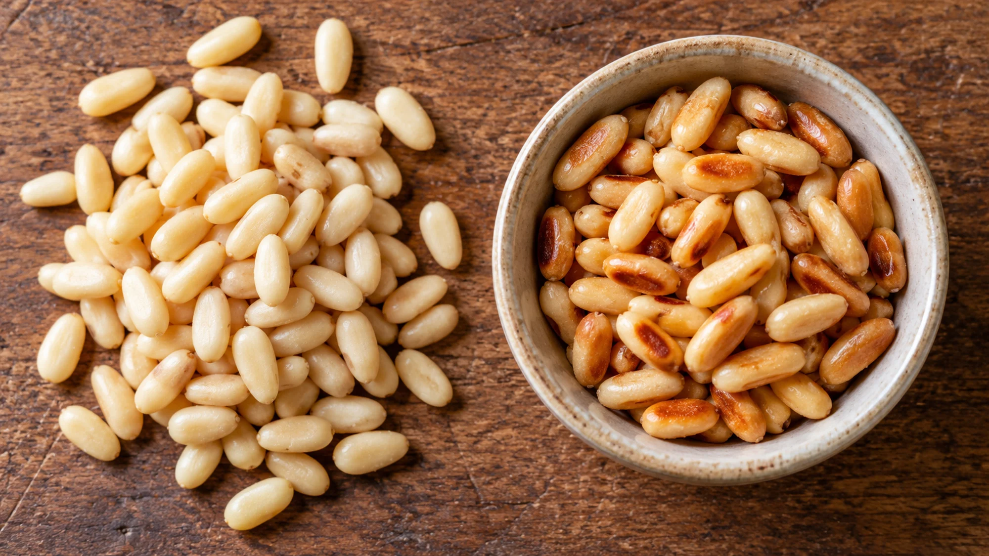 Pine kernels and pine nuts compared raw and lightly toasted