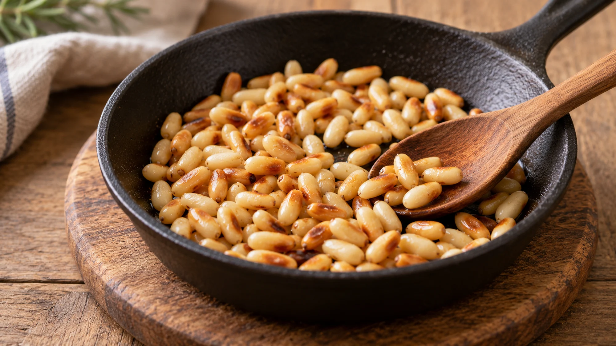 Pine kernels and pine nuts toasted in a skillet with a wooden spoon