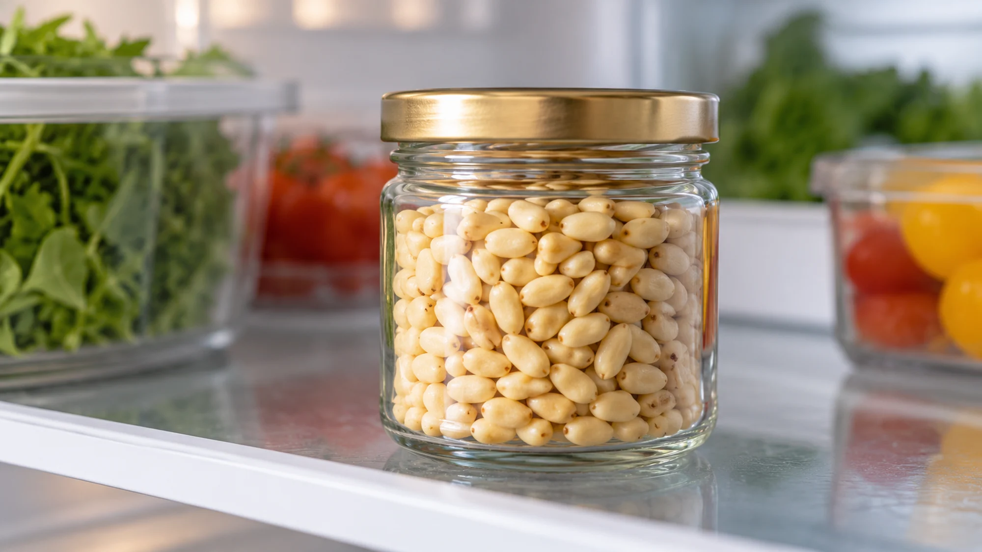Pine kernels and pine nuts in a sealed jar on a refrigerator shelf