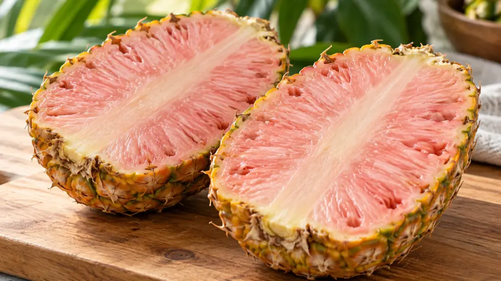 Pink pineapple halves showing pale rosy flesh and a firm central core