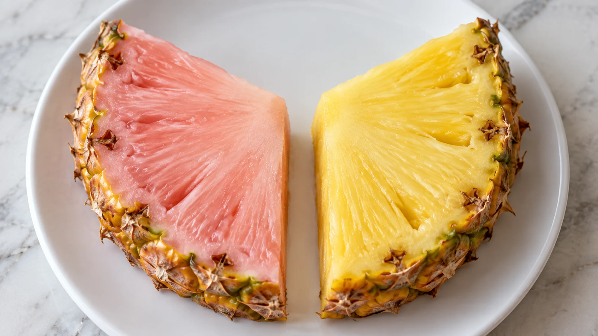 Pink pineapple wedge beside a yellow pineapple wedge