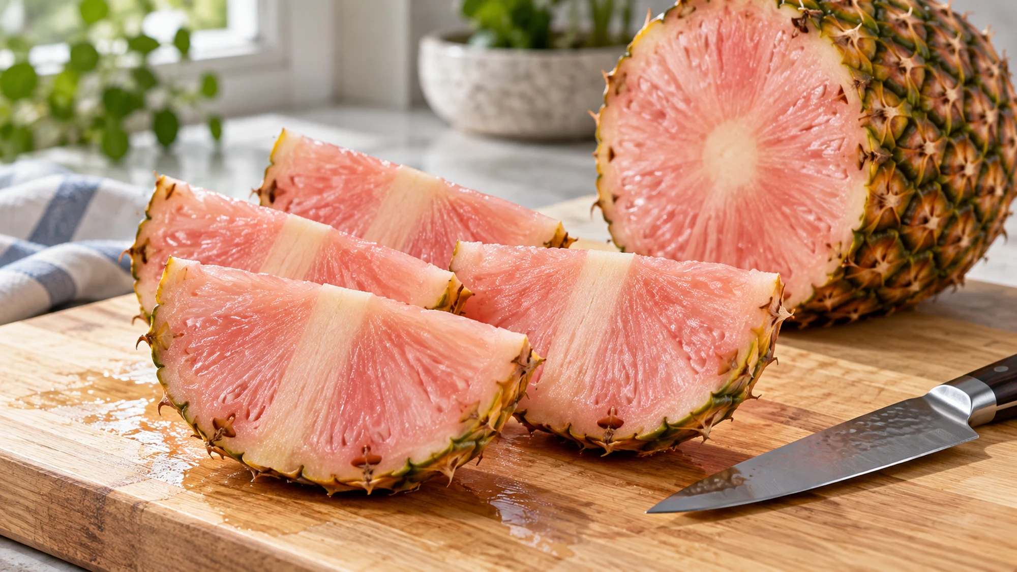 Pink pineapple wedges on a chopping board beside a knife