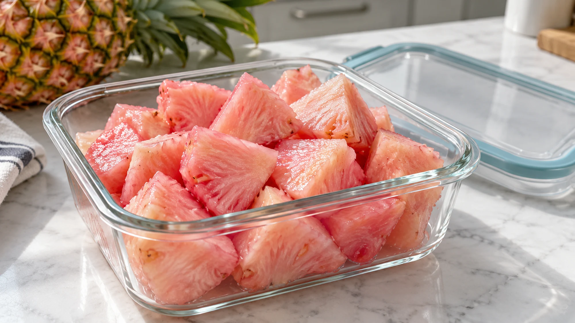 Pink pineapple pieces in a glass storage container