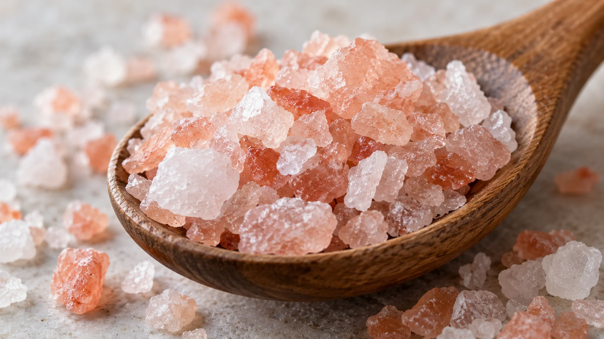 Pale pink and white salt crystals on a wooden spoon