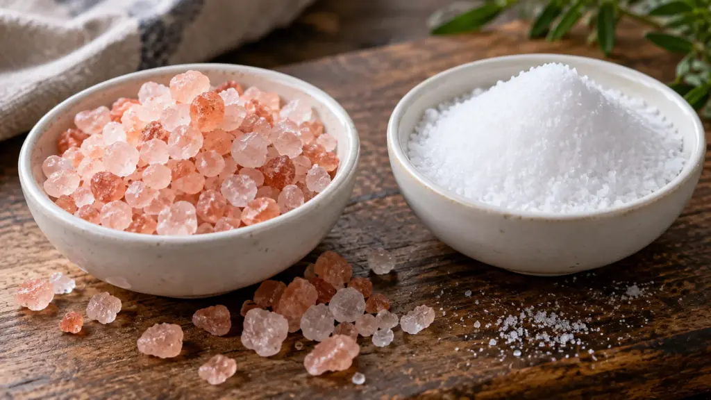 Coarse pink Himalayan salt and fine white salt in separate bowls