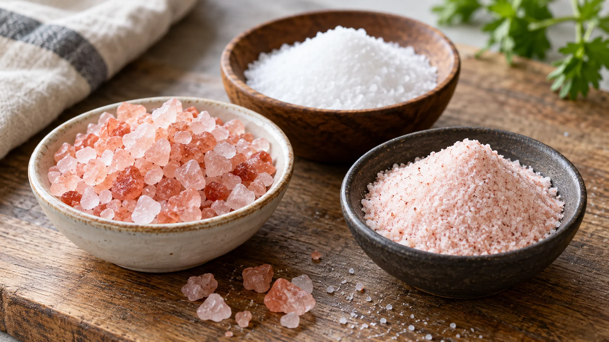 Coarse pink salt, fine pink salt and white salt compared in separate dishes