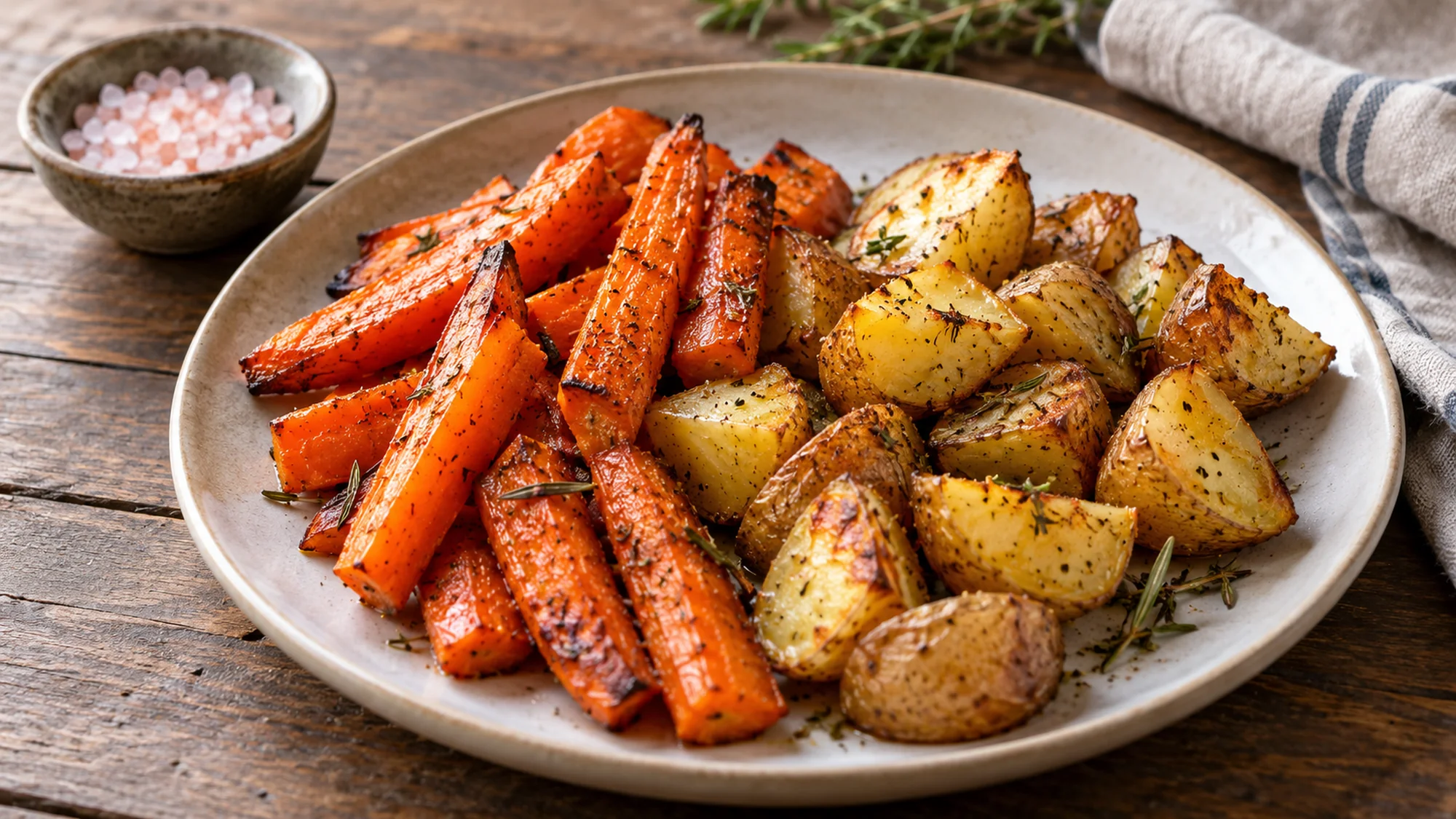 Roasted carrots and potatoes beside a small bowl of pink salt