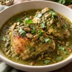 Chicken thigh covered in pipián verde and toasted pepitas