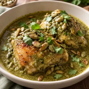 Chicken thigh covered in pipián verde and toasted pepitas