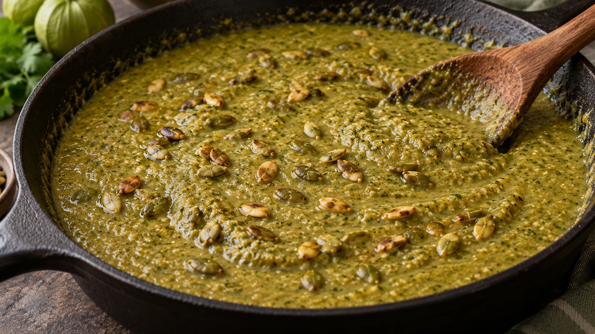 Thick green pepita and tomatillo sauce in a skillet