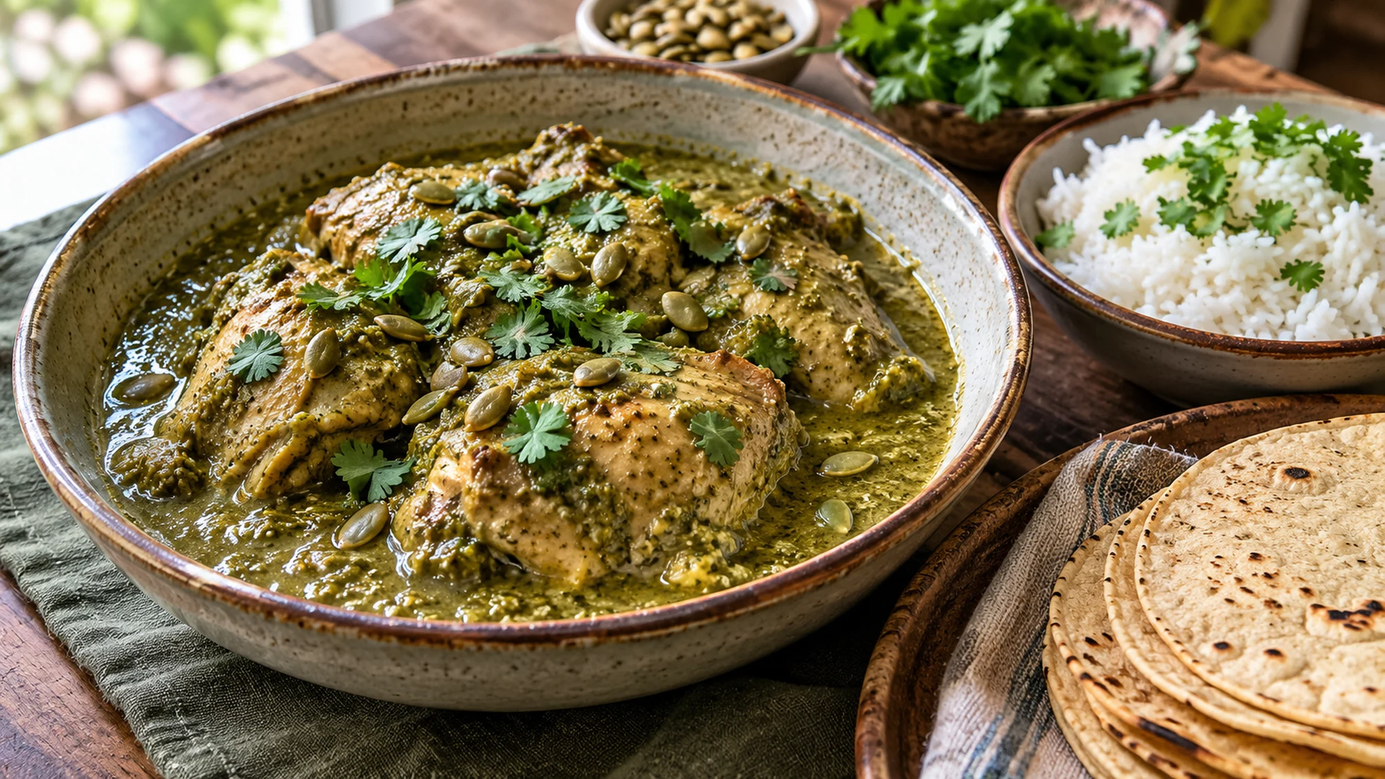 Chicken pipián verde with rice and tortillas served alongside