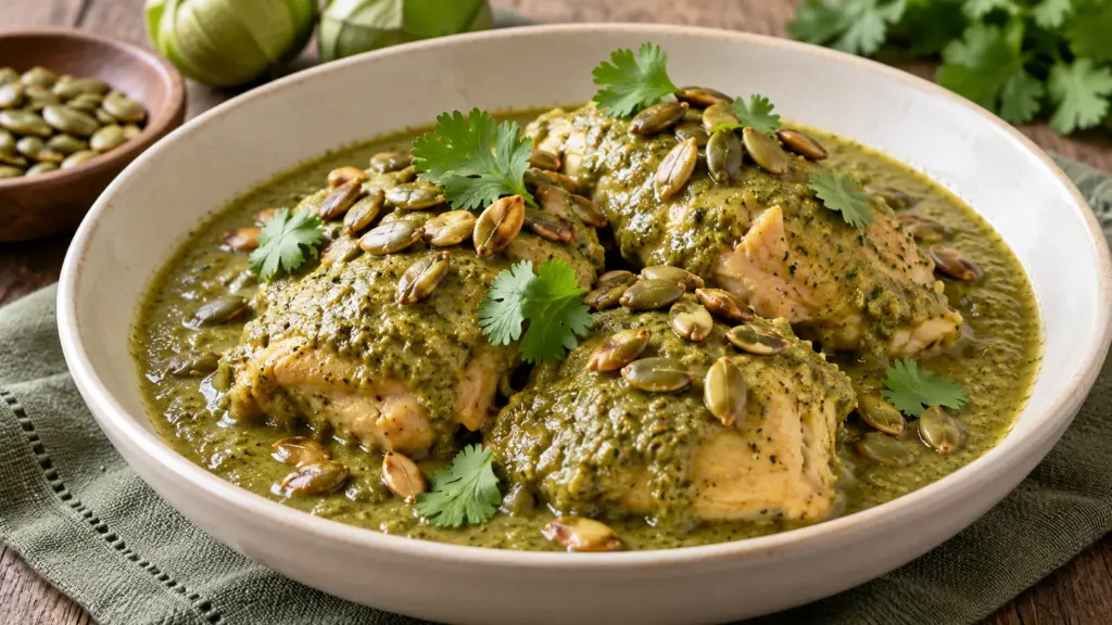Chicken thighs coated in green pumpkin seed sauce with cilantro