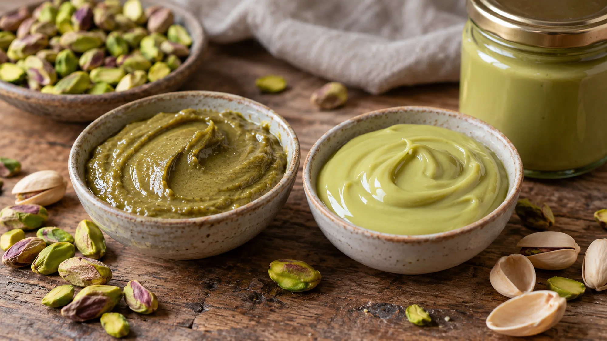 Dark pure pistachio butter beside a paler sweet pistachio cream