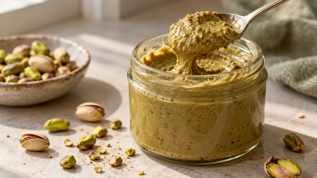 Jar of muted green pistachio butter with a spoon and shelled pistachios