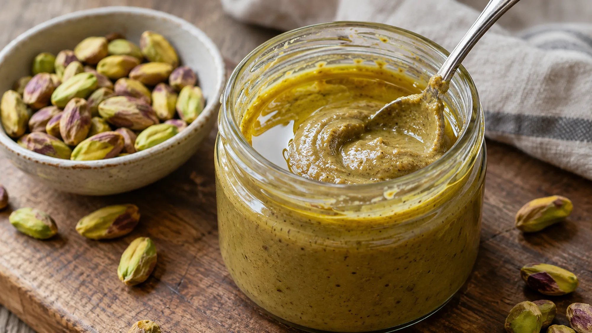 Spoon stirring natural oil into a jar of pistachio butter