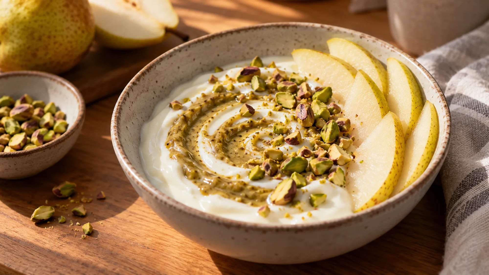 Yogurt swirled with pistachio butter and served with pear slices
